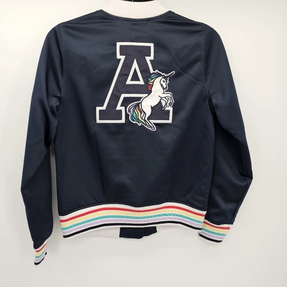 Abercrombie kids unicorn satin rainbow trim jacket girls size 11/12